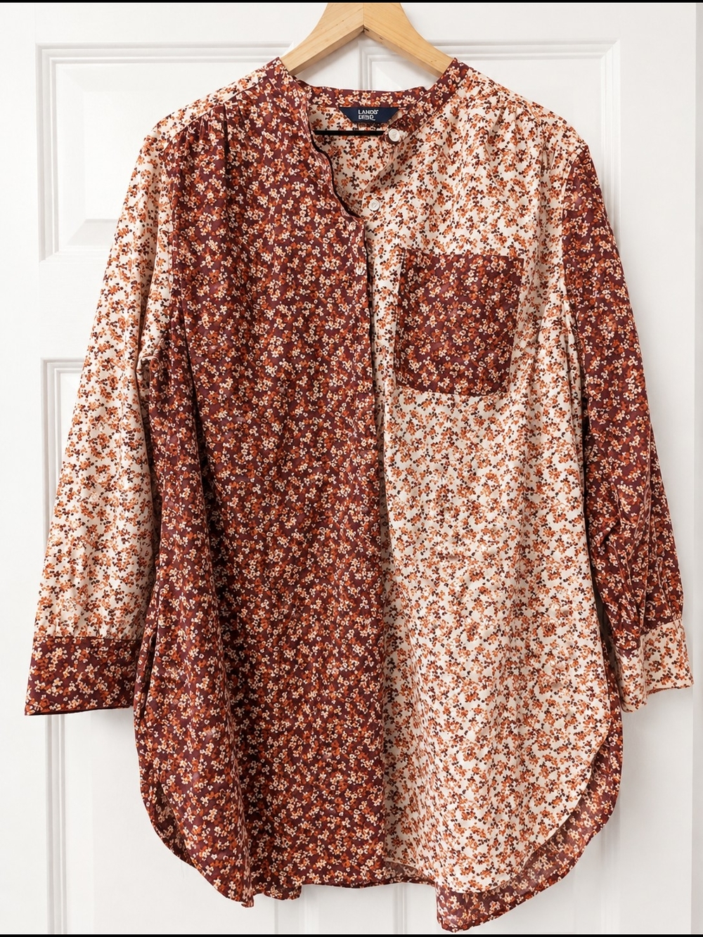Lands' End Women's Two-Tone Floral Button Down Blouse - Rust/Cream - Picture 2 of 7